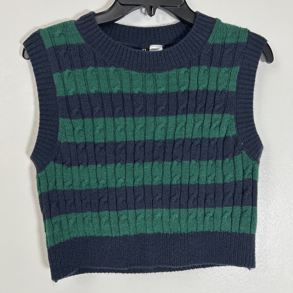 H & M DIVIDED M Crop Green Navy Striped Sleeveless Cable Knit Sweater Vest 6385